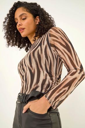Roman Animal Print Mesh Ruched Top