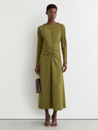 Reiss Chartreuse Green Ruched Long-sleeve Midi Dress, 12
