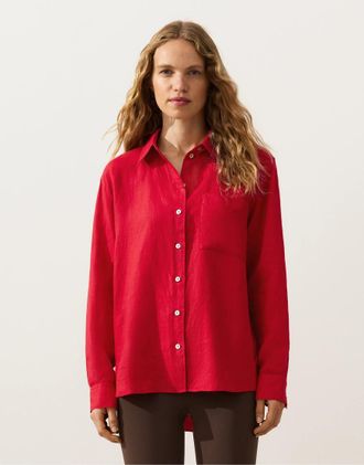 Oysho Camicia comoda in 100% lino rosso acceso
