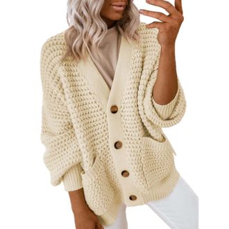 Generic Womens Chunky Knit Cardigan - Sweaters For Women Uk Front Open Cardigans Long Sleeve Tops V-Neck Casual Cardigan With Pockets Sweaters With Single Bre