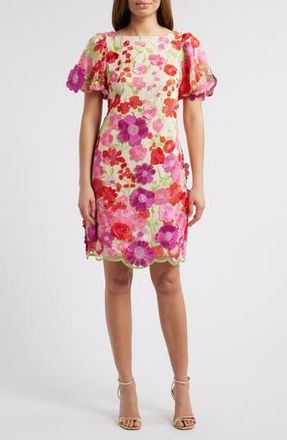 Eliza J Floral Embroidered Puff Sleeve Cocktail Dress in Pink at Nordstrom Rack, Size 0