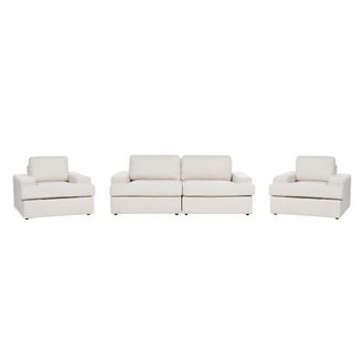 Beliani Conjunto De Sala De Estar Cl&aacute;sico 5 Plazas Sof&aacute; 2 Sillones Tapizado Tela Poli&eacute;ster Con Sill&oacute;n Respaldo Acolchado Grueso Acolchado Beige Claro Alla