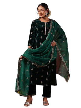 Ishin Womens Velvet Ethnic Motifs Zari Green Straight Kurta Suit Set with Trousers and Dupatta, Green, XL