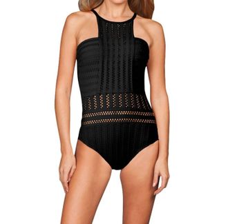 Kenneth Cole Tough Luxe Textured High Neck One Piece Swimsuit In Black