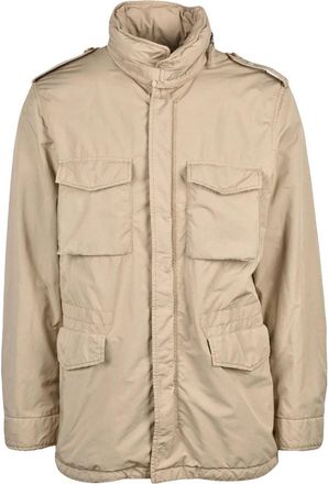 Aspesi Beige Overcoat with Concealed Hood and Quilted Interior