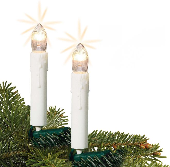 Hellum Lichterkette Weihnachtsbaum, 10 Christbaumkerzen in weiß mit Wachstropfen und Clip, Lichterkette innen, belechtete Länge 3,9m, Weihanchtsbaum, Kabelfa ab 21,99 €