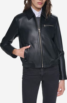 Cole Haan Womens Smooth Leather Bomber Jacket with Chest Pocket - Black Size Medium