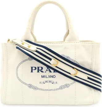 Prada Navy White Yellow Canvas Shoulder Bag Tote Bag (Pre-Owned)