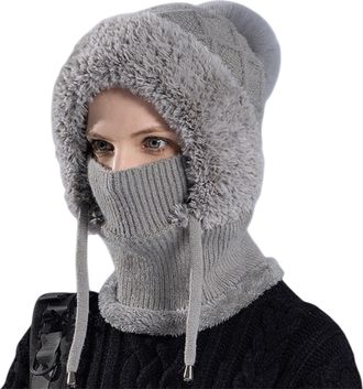 Generic 3 in 1 Beaniehat with Scarf and mask, 3 in 1 Beanie Hat for Women, Warm Knitted Face Mask Hat Cap Scarf, Winter Balaclava Womens Windproof (Gray,One S