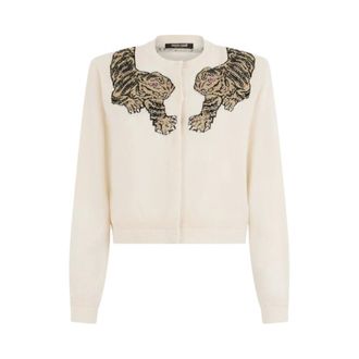 Roberto Cavalli Cardigans, female, Beige, Size: XS Wool Cardigan with Tiger Embroidery