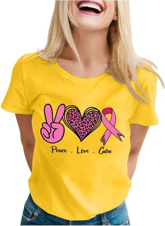 Generic Womens Breast Cancer Awareness Month T-Shirt - Pink Ribbon Print Round Neck Short Sleeve Top