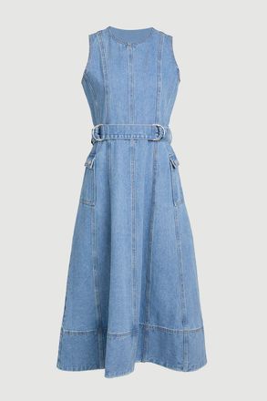 Karen Millen Womens Denim Dropped Waist Full Skirted Midi Dress - Blue Cotton - Size 10 UK
