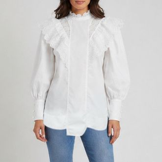Ganni Ganni White Cotton And Lace Trim Ruffled High Neck Blouse