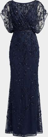 Mac Duggal Beaded Draped Mesh Column Gown