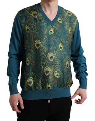 Dolce & Gabbana Mens Peacock Feather Jacquard Sweater Green Silk
