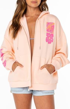 Roxy Evening Lineup Full Zip Fleece Graphic Hoodie in Tropical Peach at Nordstrom, Size X-Small