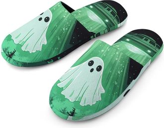 Generic Cute Ghosts Aliens Mens Slippers Flannel Warm House Shoes with Rubber Anti-Slip Sole Slip On for Home Outdoor