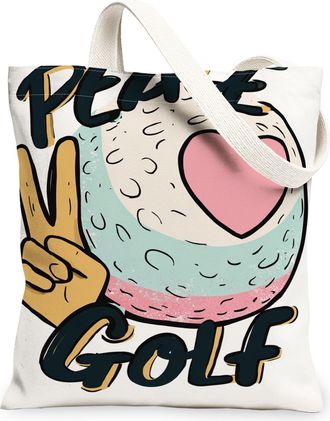 Generic Peace Golf Canvas Tote Bags, Playful Golf Ball Design Reusable Grocery Bags, Summer Lightweight Washable Shoulder Strap Can, White, 13x15 Inch