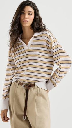 Brunello Cucinelli Cotton knit polo with sparkling stripes in Zabaione Yellow at Nordstrom, Size Xxx-Large