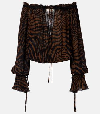 Blumarine Lace-trimmed zebra-print chiffon top