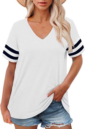Generic HUIFUAO T Shirts for Women UK Plus Size Tops V Neck Short Sleeve Blouse Summer Basic Striped Color Block Ladies Tunic (A01-White, XL)