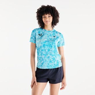 New Balance Mujer Valencia Marathon Printed Athletics T-Shirt en Azul, Poly Knit, Talla XL