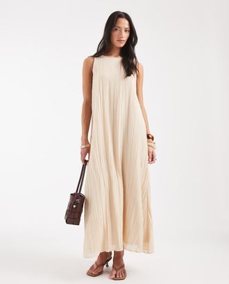 Object Vestito lungo senza maniche color crema pliss&egrave; stropicciato a trapezio-Bianco