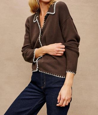 Rails Rayleen Sweater Cardigan In Brown Ivory Blanket Stitch