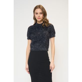 Central Park West Colette Eyelash Lurex Cap Slv Crew in Black at Nordstrom, Size Medium