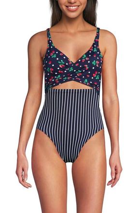 Lands End Wrap Monokini High Leg One Piece Swimsuit in Navy Berry Dot/stripe Mix at Nordstrom, Size 14
