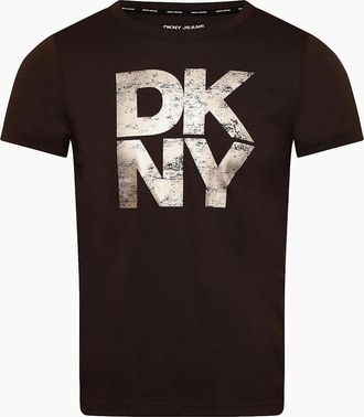 DKNY Womens Distressed Stacked Foil Logo T-Shirt - Brown - Size: 18/16