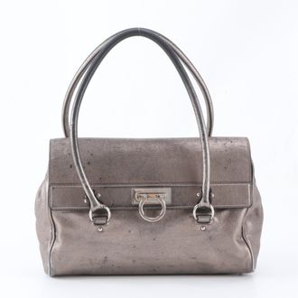 Ferragamo Gancini Grayish Leather Handbag Shoulder Bag Tote Bag (Pre-Owned)
