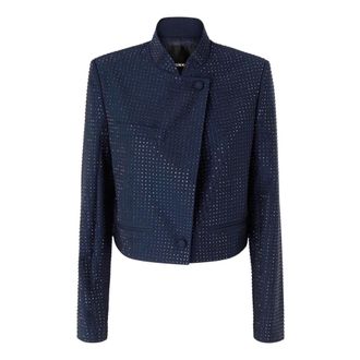 Pinko Pinko, Jassen, Dames, Blauw, S, Leer, Cropped Blazer met Tonaal Strass
