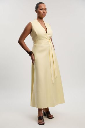 Karen Millen Womens Plus Size Tailored Linen Wrap Tie Waisted Maxi Dress - Yellow Lyocell - Size 18 UK