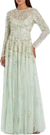 Mac Duggal Long Sleeve Sequin and Pearl Embellished Gown in Sage at Nordstrom, Size 16