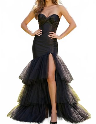 Jovani Sweetheart Ruffled Tulle Hem Gown In Black