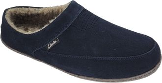 Clarks Mens Slipper Perforated Suede Leather Upper JMS0721 - Warm Plush Sherpa Lining - Indoor Outdoor House Slippers For Men, Navy, 10 UK