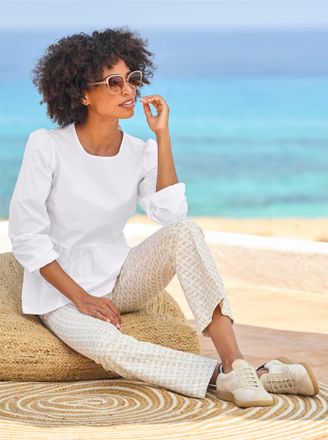 Heine Langarmbluse HEINE, Damen, Gr. 40, beige (ecru), 97% Baumwolle, 3% Elasthan, unifarben, Rundhals, Blusen Langarmbluse