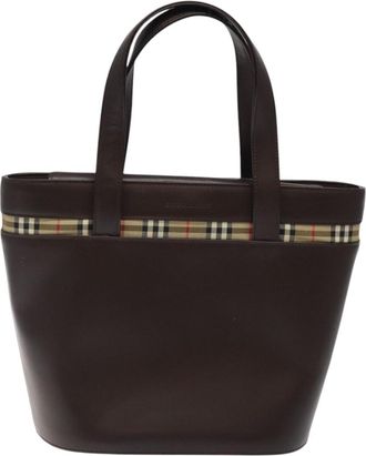Burberry House Check Brown Leather Handbag (Pre-Owned)