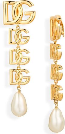 Dolce & Gabbana Logo Imitation Pearl Clip-On Drop Earrings in Oro at Nordstrom