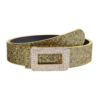 Generic Retro Sequin PU Leather Belt, Metal Buckle Belts,Glitter Rhinestone Rock Belt for Dress Jeans(Gold)