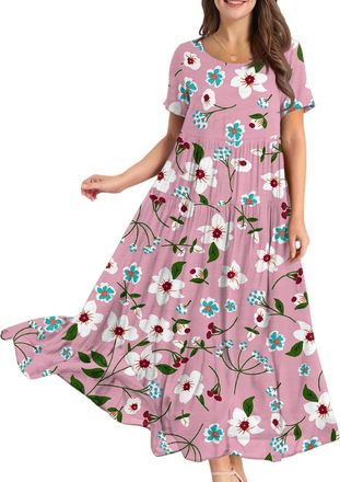 Generic Shirt Dresses for Women UK, Womens Summer Long Dresses Casual Short Sleeve Crew Neck Maxi Sundress Ladies Loose Tshirt Dress Boho Floral Beach Sundres