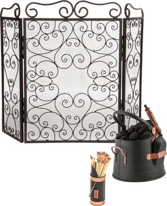 Dibor Vintage Style Black Fire Screen, Fire Guard with Coal Bucket & Matches Canister