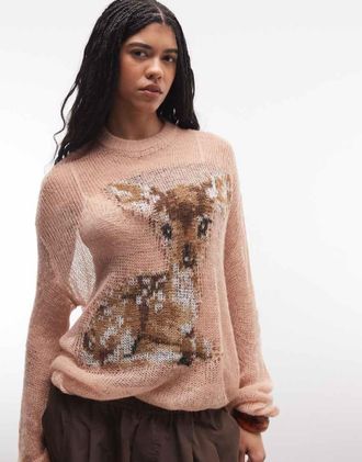 The Ragged Priest Maglia traforata oversize rosa con grafica di cerbiatto