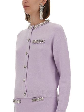 Self Portrait Crystal-Embellished Knit Cardigan - Purple