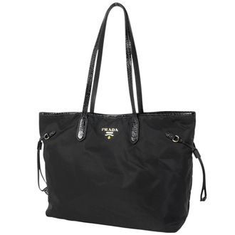 Prada Black Nylon Patent Leather Handbag Shoulder Bag Tote Bag (Pre-Owned)