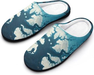 Generic Halloween Horror Tree Pumpkins Moonlight Slippers Men Winter Warm Cotton Anti-Slip Indoor Slip-Ons House Shoes