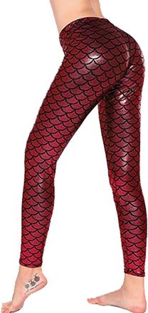 Generic Womens Ladies Elasticated Metallic Fish Scale Mermaid Shiny Leggings Dance Gym (Red, UK18)