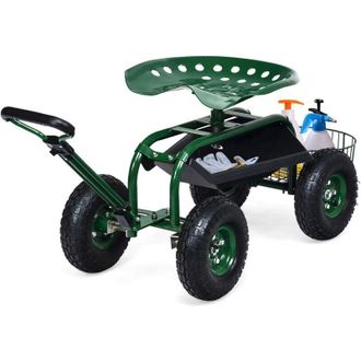 Costway Costway - Asiento De Jard&iacute;n Con Ruedas Y Asa Extensible, Taburete M&oacute;vil De Trabajo De Jardiner&iacute;a Con Cesta, Asiento Ajustable, 2 Bandejas De Herramien