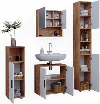 Vicco Conjunto De Muebles De Ba&ntilde;o Irma, Blanco Brillo Intenso/roble Dorado, 4 Partes, Con Armario Alto
